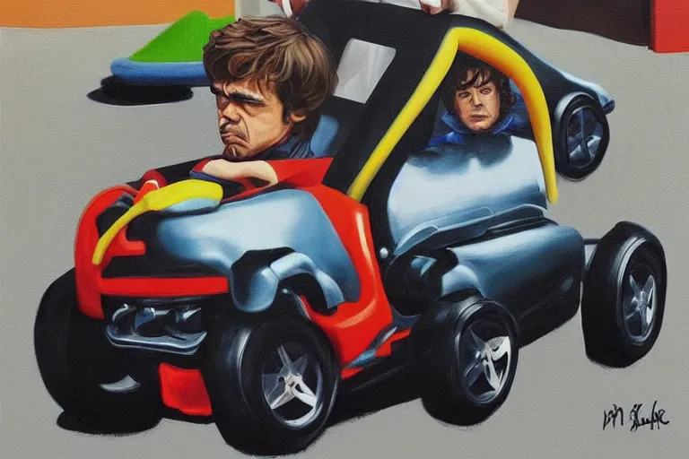 Image similar to black velvet painting of peter dinklage driving a little tikes crazy coupe