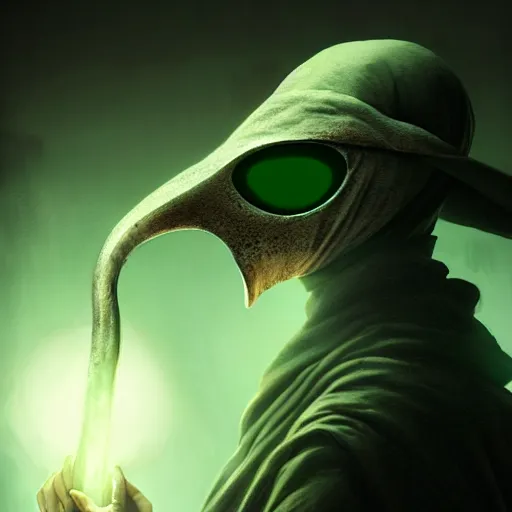 Image similar to portrait of a feminine plague doctor, front angle, green glowing eyes and background with detailed fog background and foreground, stunning 3 d render inspired art by greg rutkowski and xiang duan and thomas eakes, realistic, highly detailed attributes and atmosphere, dim volumetric cinematic lighting, 8 k octane detailed render, post - processing, masterpiece, soft vignette