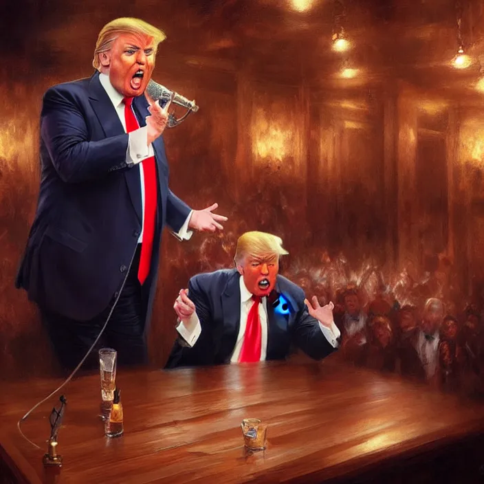 Prompt: donald trump singing on a table in a bar, elegant, real life skin, intricate artwork, high detailed, artstation, concept art, smooth, sharp focus, art by artgerm and greg rutkowski