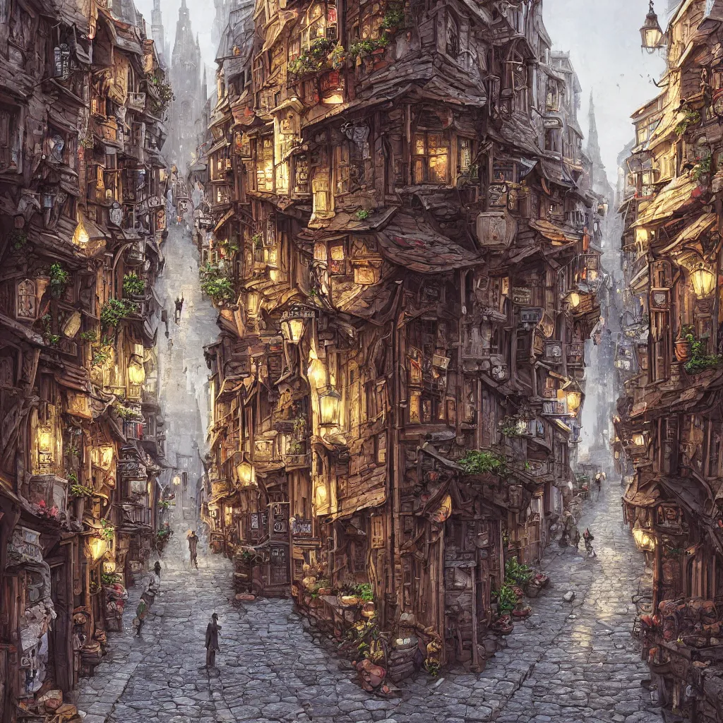 Image similar to a busy fantasy street looking down one street within a fascinating old city, quirky shops, narrow streets, old buildings, cobblestones on the ground, stone steps, street life, by Sylvain Sarrailh, single street, cinematic, simple but effective composition, clean lines, beautiful digital painting, oil painting, detailed, dungeons and dragons, lord of the rings