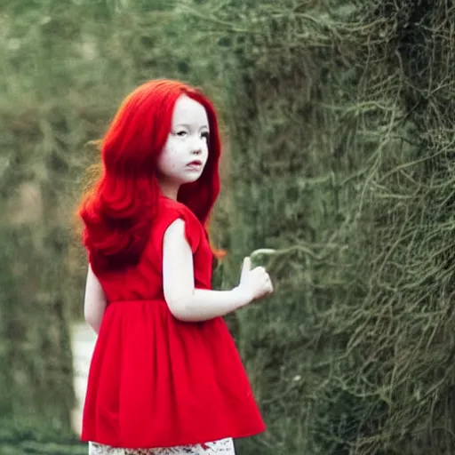 Image similar to a girl dressed red with red hair