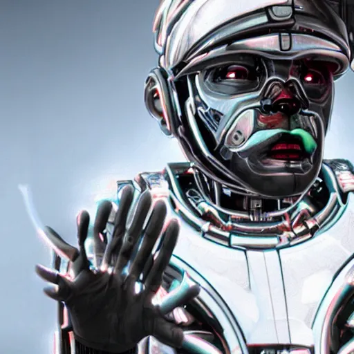 Image similar to a cinematic film still of rapper chance the rapper as a cybernetic cyborg, cgi, surrealism, film photography