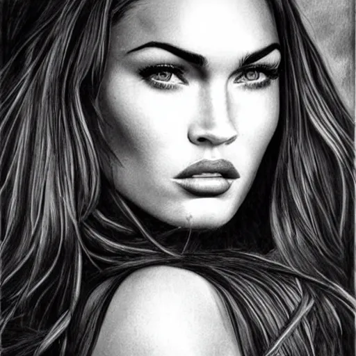 Image similar to megan fox portrait, hyper - realistic black and white drawing, amazing detail, in the style of den yakovelv