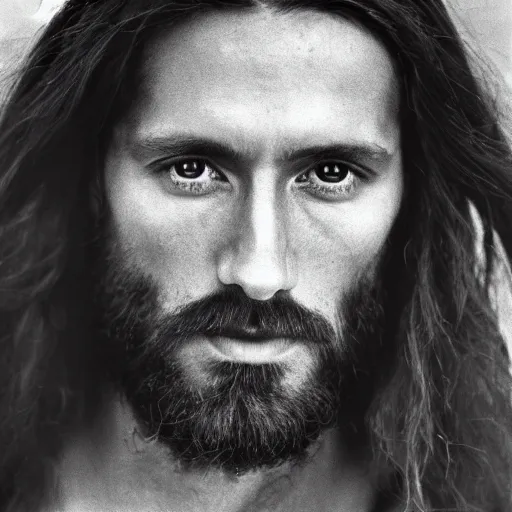 Image similar to photograph portrait of Jesus Christ, B&W, Vogue magazine, taken on 1970s kodak camera, grainy, kodak, fashionable, 4k, very realistic, hiper detailed, trending on artstation, studio, 35mm