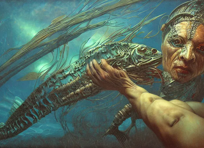 Prompt: cybernetic pike fish, glowing veins, subsurface scattering, underwater, by gerald brom, by mikhail vrubel, by peter elson, muted colors, extreme detail, trending on artstation, 8 k