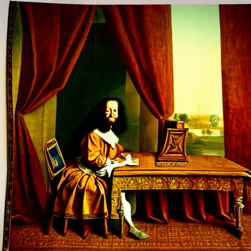 Prompt: Portrait of a mummy sitting at a Louis XIV desk, with very old curtains in the room. The desk has a very old phone on it. Dusty air