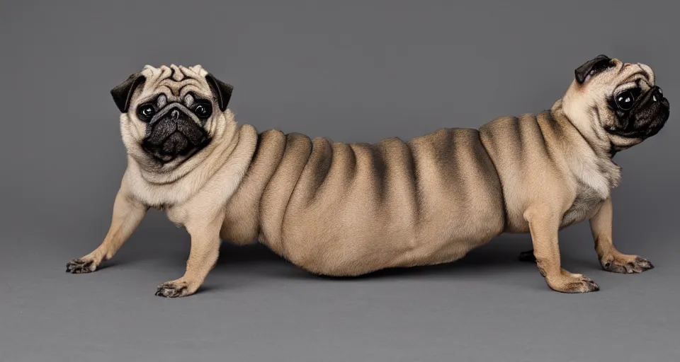 Image similar to specimen photo of a mutant pug centipede, the pug has an elongated shape and one-hundred legs, abomination,