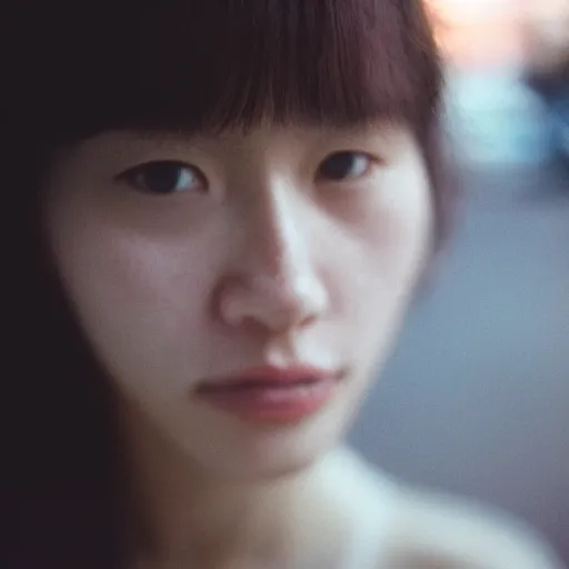 Image similar to a close - up of a woman's face, captured in low light with a soft focus. there is a gentle pink hue to the image, and the woman's features are lightly blurred. cinestill 8 0 0 t.