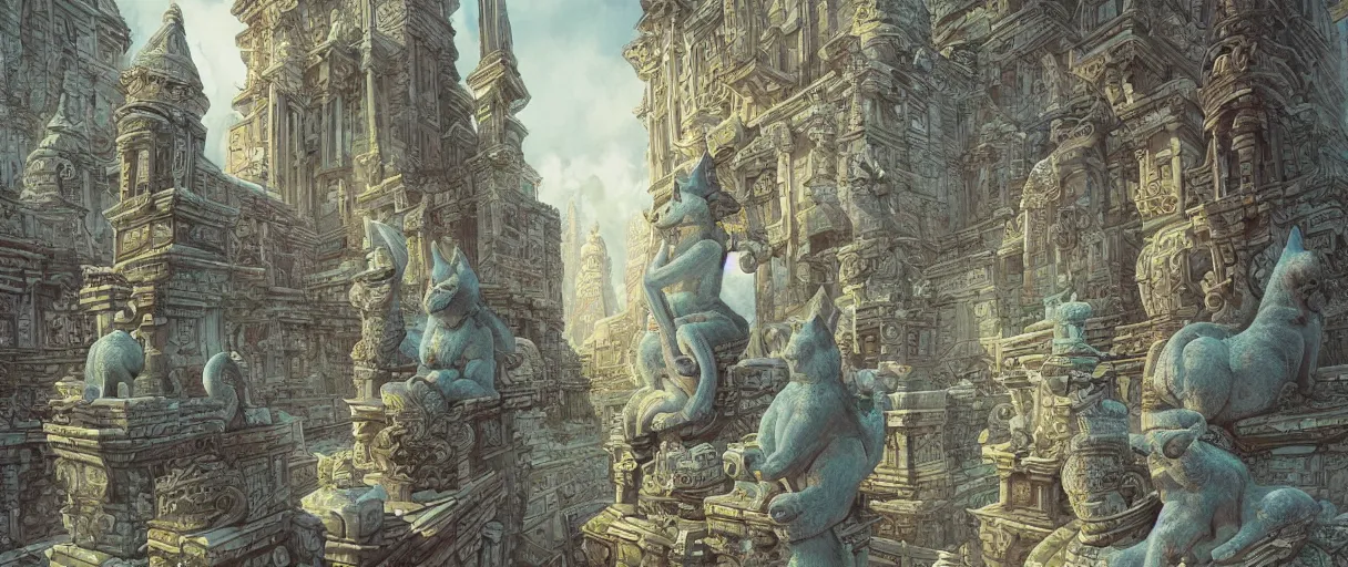 Prompt: a beautiful and highly detailed digital painting of an ancient city with stone statues of anthropomorphic Feline Gods by Feng Zhu and Daniel Merriam | graphic novel, illustration:.4