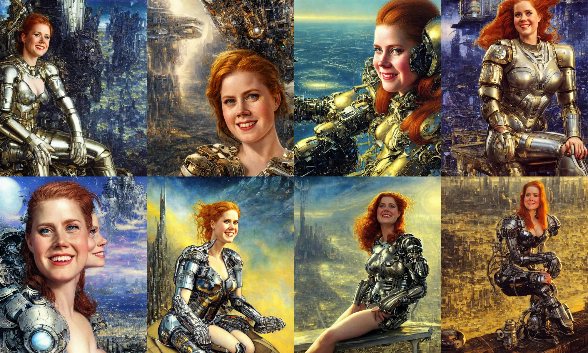 Image similar to close - up portrait of epic young amy adams smiling into camera, intricate cyborg armor, sitting on a bench, vista of futuristic city, windy, golden hour, wlop, by gerald brom, by mikhail vrubel, by peter elson, extreme detail, trending on artstation