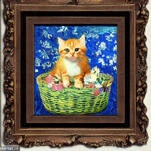 Image similar to cute kitten sitting in a basket of flowers floating down a river, surrounded by a lush forest, historic painting by van gogh, stunning detail, 8 k, beautiful