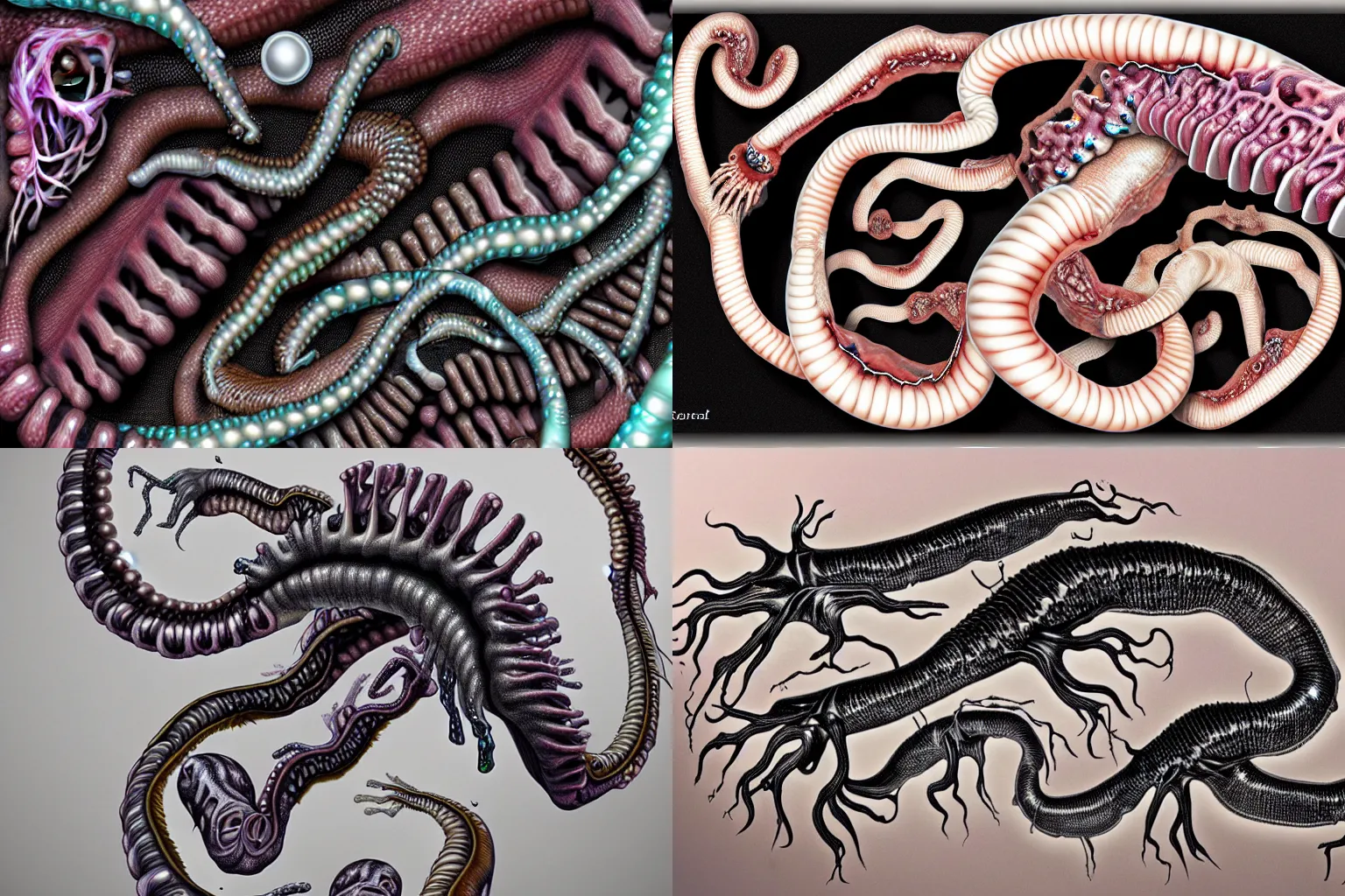 Prompt: biomechanical airbrushed eel monster embedded pearls ribs spinal cord