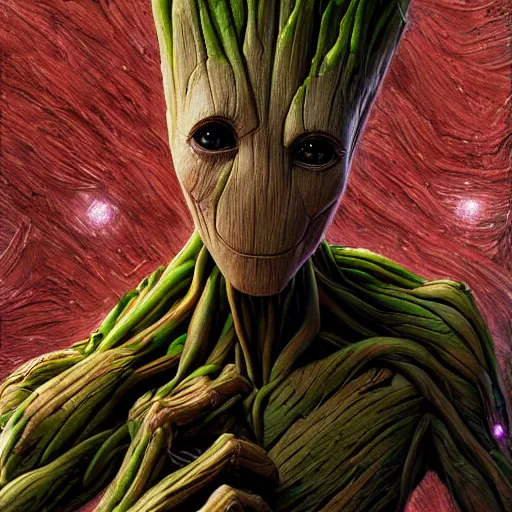 Image similar to groot, hyper detailed, digital art, trending in artstation, cinematic lighting, studio quality, smooth render, unreal engine 5 rendered, octane rendered, art style by klimt and nixeu and ian sprigger and wlop and krenz cushart