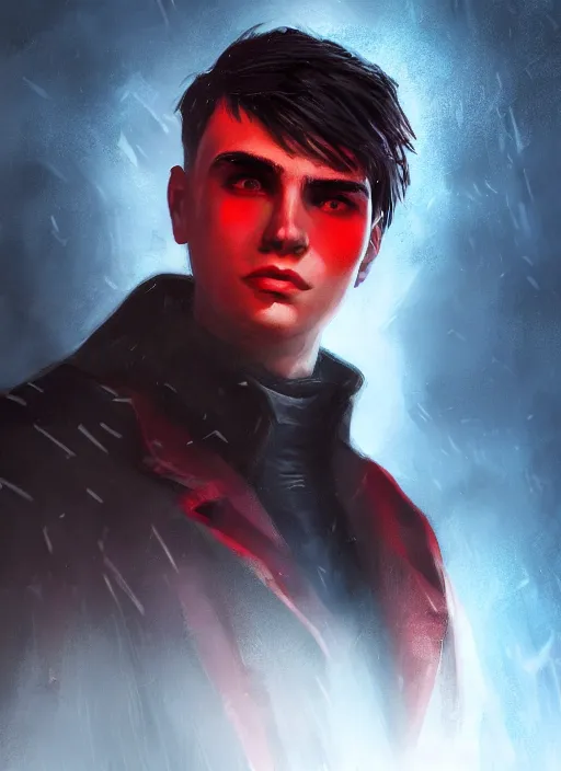 Image similar to An epic fantasy comic book style portrait painting of a young man with black cowlick haircut, wearing black overcoat, red clothes, blue jeans. Unreal 5, DAZ, hyperrealistic, octane render, cosplay, RPG portrait, dynamic lighting