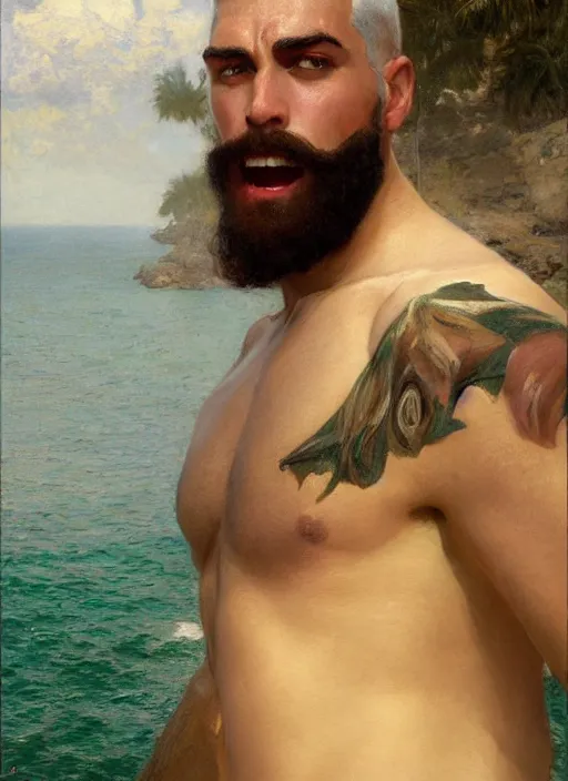 Image similar to detailed cinematic wide shot of muscular attractive young cuban man beard slim face symmetrical face tanskin green eyes white hair wearing sea clothes, ultra realistic, spring light, painting by gaston bussiere, craig mullins, j. c. leyendecker