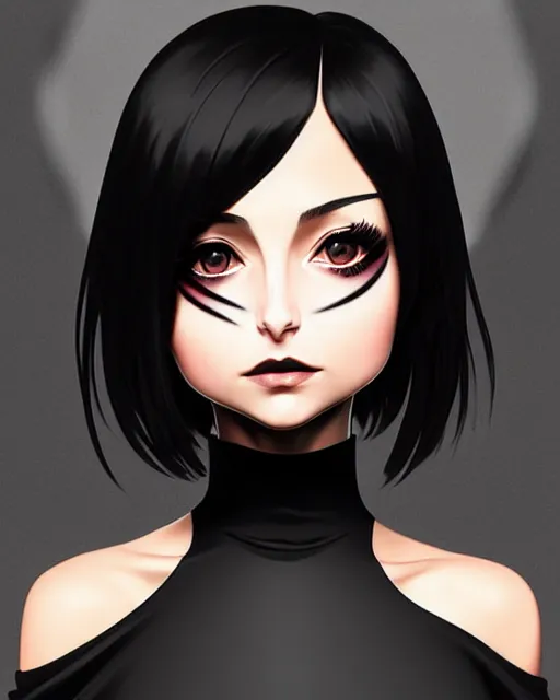 Image similar to style of ilya kuvshinov, artgerm : : gorgeous willa holland : : evil witch, swirling black magic, black dress : : symmetrical face, symmetrical eyes : : full body pose : : gorgeous black hair : : magic lighting, low spacial lighting : :