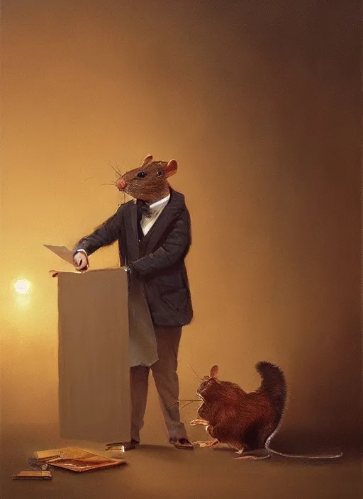 Image similar to oil painting of a rat dressed as an english professor, giving a nobel prize lecture, digital art, artstation, cinematic, golden hour, digital art painting by greg rutkowski