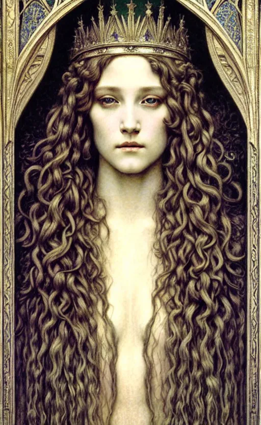 Image similar to detailed realistic beautiful young medieval queen face portrait by jean delville, gustave dore and marco mazzoni, art nouveau, symbolist, visionary, gothic, pre - raphaelite. horizontal symmetry