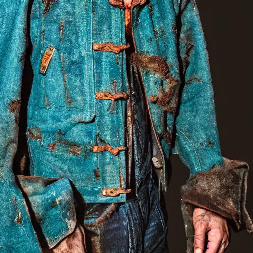 Prompt: an award - winning closeup photo of a male model wearing a baggy teal distressed medieval cloth menswear jacket by marc jacobs, 4 k, studio lighting, wide angle lens