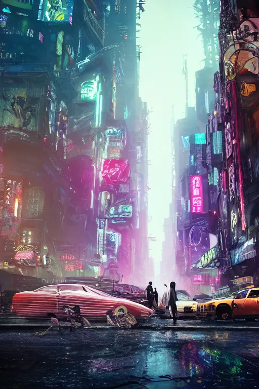 Image similar to cinematic photo of ancient overgrown cyberpunk new york city with cars and people, holograms, night, rain, flowers, beautifully lit, hyperdetailed, unreal engine, photorealistic, denis villeneuve film look, blade runner set