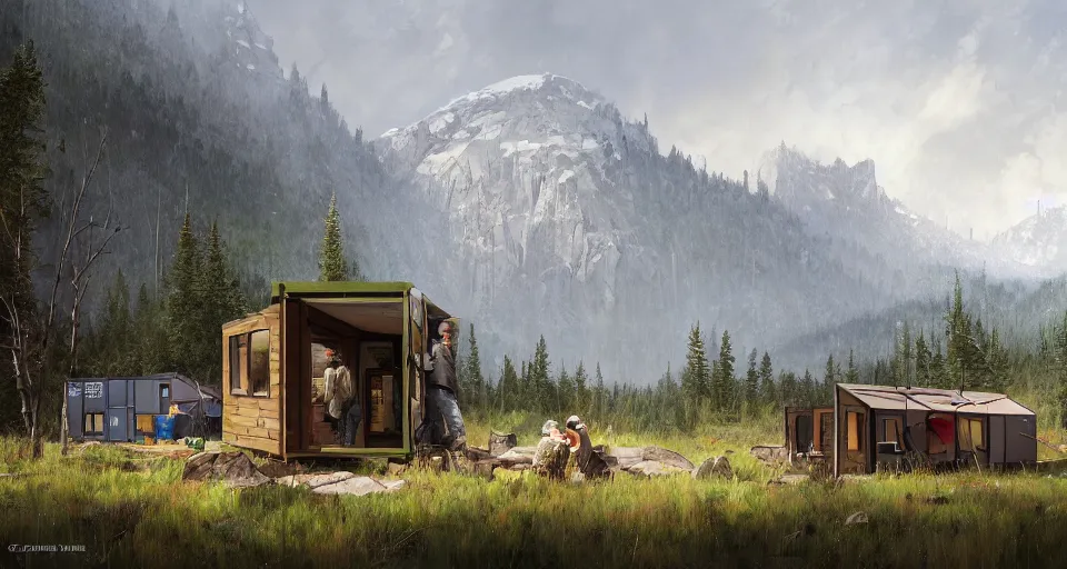 Image similar to cabela's beautiful comfortable community of modular insulated wall container home kit - house all weather family dwelling tent house, person in foreground, mountainous forested wilderness open fields, beautiful views, painterly concept art, environmental concept art, concept art illustration, by james gurney, by craig mullins, by greg rutkowski trending on artstation