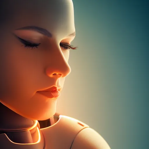 Prompt: portrait of a female android, matte, wires, side profile with high details, dramatic lighting, bloom, dark background