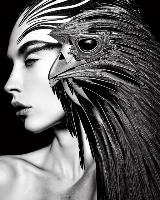 Image similar to a profile portrait, a stunning young woman - cyborg with a mutant crow head, editorial photography, bw, by roman sustov, by hr giger, shot on 7 0 mm, depth of field, f / 2. 8, high contrast, 1 6 k, volumetric lighting, shiny, insanely detailed and intricate, hypermaximalist, elegant, ornate