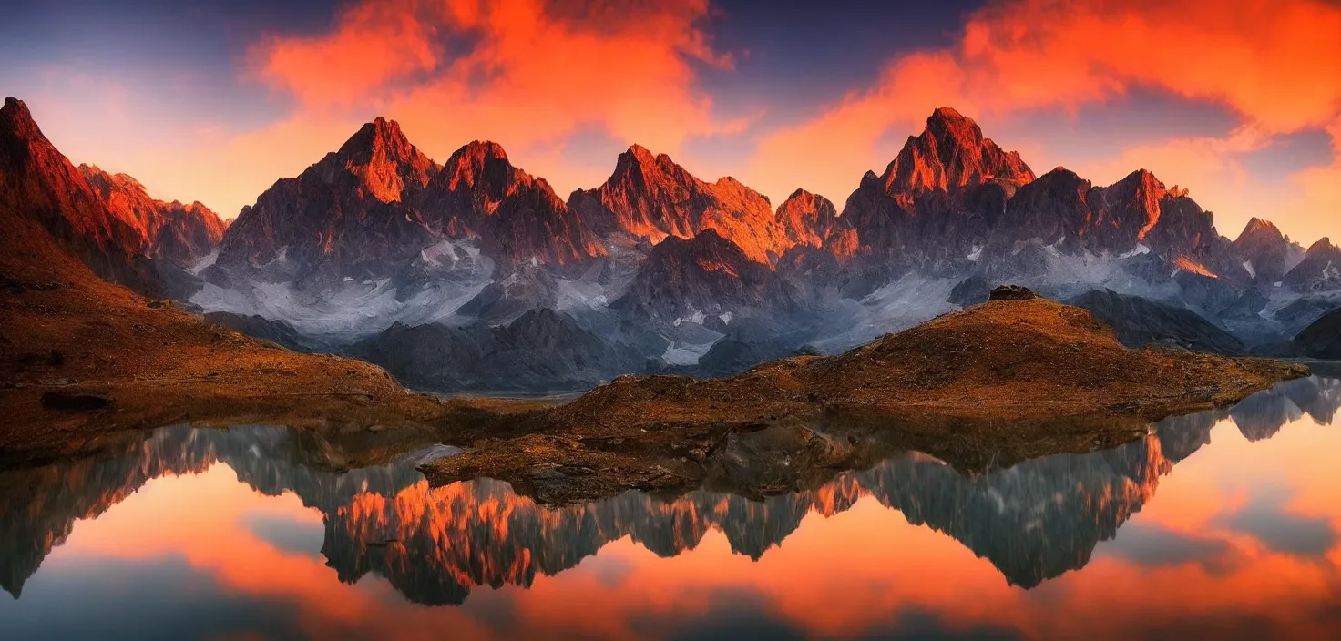 Image similar to amazing landscape photo of mountains with lake in sunset by marc adamus, beautiful dramatic lighting