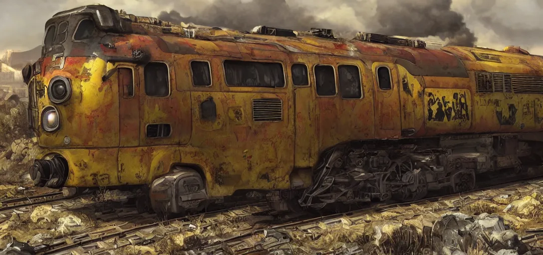Prompt: Fallout Train Concept Art, vibrant colors, 8k photorealistic, black background, HD, high details, trending on artstation