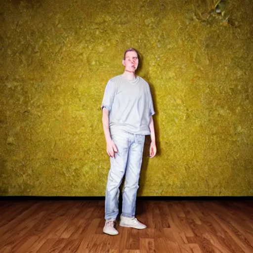 Image similar to 3 d render of jerma 9 8 5, jerma, in a liminal space, non - euclidean space, worn mono - yellow wallpaper, old moist carpet, inconsistently - placed fluorescent lighting, high octane, blender, 3 d render