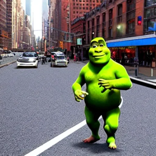 Prompt: shrek walking on new york street wearing a suit , hyperrealistic