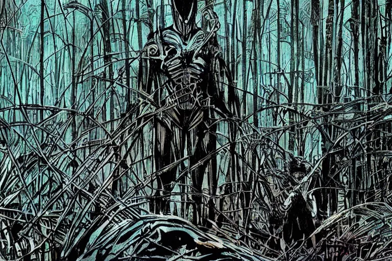 Prompt: scene from louisiana swamps, true detective, artwork by philippe druillet