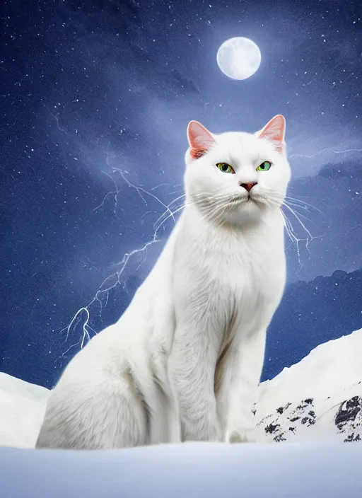 Image similar to giant white cat on a snowy mountain with lightning coming out of its paws, blue sky background with moon