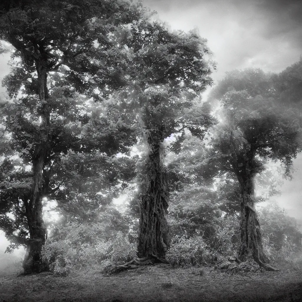 Image similar to a tardigrade in front of a dead tree placed upon a cliff, behind a fence, hazy memory, volumetric, dark black and white in the style of alvin schwartz, epic angles