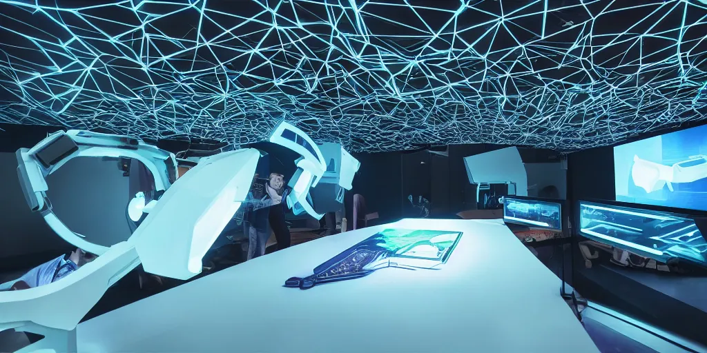 Prompt: stunning futuristic AI lab, projection screens, immersive graphics, holograms, dark room, people using HoloLens