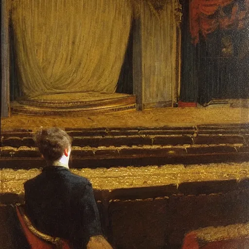 Image similar to a young man watching an actress on stage in an old theater, by alfred stevens