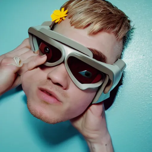 Image similar to close up kodak portra 4 0 0 portrait photograph of a skinny guy with blonde hair laying in a tub of milk, aerial view, wearing cyber goggles, flower crown, moody lighting, telephoto, 9 0 s vibe, blurry background, vaporwave colors, faded!,