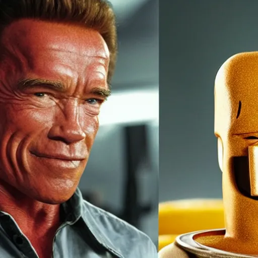 Image similar to arnold schwarzenegger starring in the new movie called cheese robot, 8 k, movie still