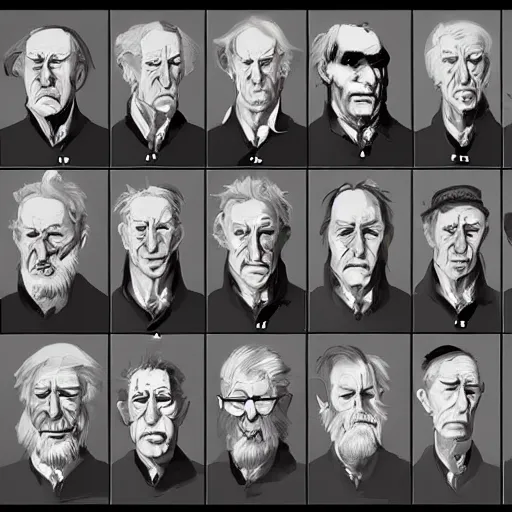 Image similar to faces reference sheet of various old - man by ashley wood and j. m. w. turner, speed painting, matte painting, monochrome