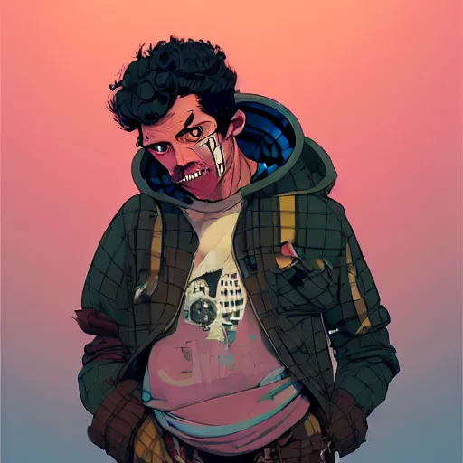 Image similar to highly detailed portrait of a sewer punk guy worker, thirties, black hair, brown eyes, small mustache, tartan hoody, short curly hair by atey ghailan, by greg rutkowski, by greg tocchini, by james gilleard, by joe fenton, by kaethe butcher, gradient pink, brown, light blue and white color scheme,