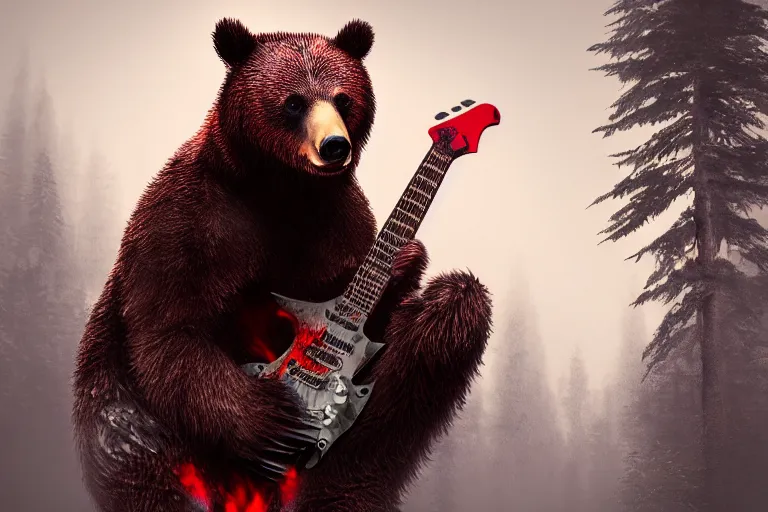 Image similar to Realistic punk bear playing hardcore metal guitar in the middle of a misty red forest talking to big foot .digital art on artstation