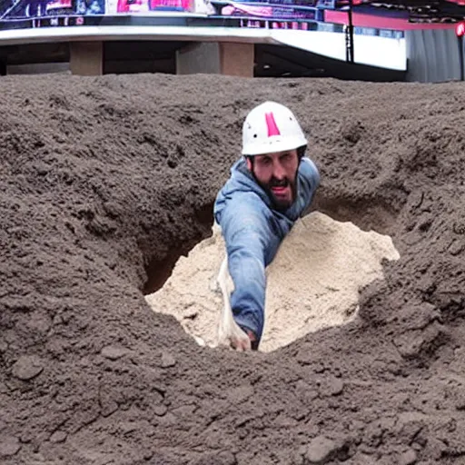 Image similar to photograph of clay travis tripping into a giant hole in the ground