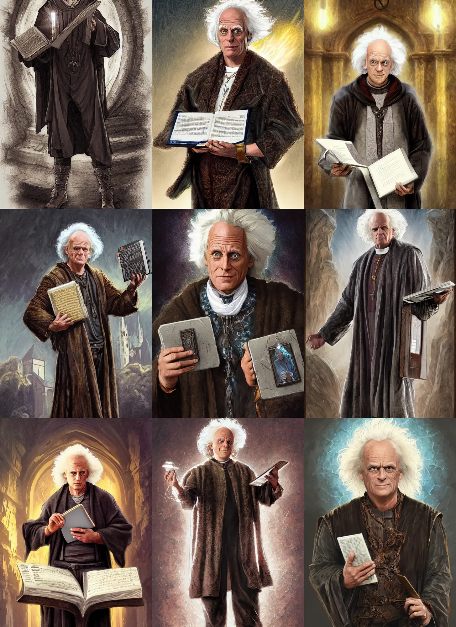 Prompt: emmett brown portrait as medieval theologian, holding tablets of stone, church background, dark, highly detailed, digital painting, artstation, concept art, sharp focus, illustration, rutkowski, aleksi briclot, mucha