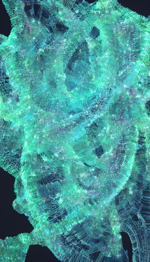 Image similar to 8 k uhd houdini recursive dna fractal structure, background bioluminescent swirling smoke wisps, natural palette, volumetric lighting, 1 8 mm lens