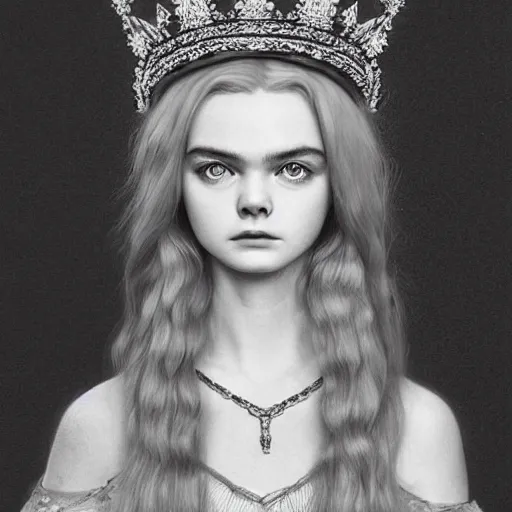 Prompt: a striking hyper real illustration of Elle Fanning with a crown by Kentaro Miura