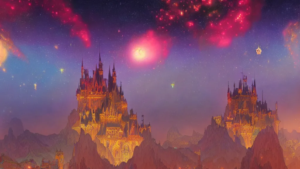 Prompt: a beautiful highly detailed matte painting of colorful castle nebulas by moebius, alphonse mucha, stars in the background, medium shot, highly detailed, intricate design, 8 k resolution, octane render, trending on artstation and cgsociety