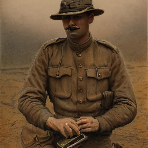 Image similar to a detailed photorealistic sepia - toned color portrait painting of a 1 9 1 7 worried clean - shaven british lieutenant in field gear in north arabia examining an ancient cylindrical clay jar, ultra realistic, intricate details, atmospheric, dark, horror, brooding, highly detailed, by clyde caldwell