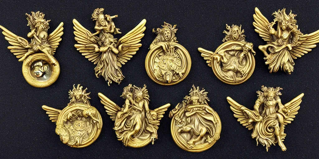 Prompt: goblin commander pagans baroque marble and gold medallions in space clouds winged angels greeks, baroque and rococo ornaments, decorative golden elements, ultrarealistic