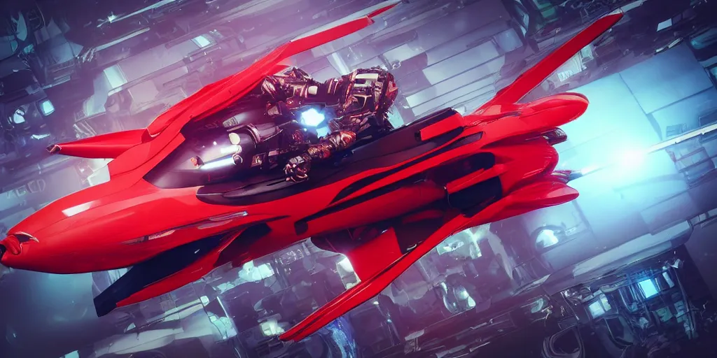 Prompt: cyberpunk concept inspired jet, futuristic look, highly detailed body, aerodynamic body, photorealistic camera shot, bright studio setting, studio lighting, crisp quality and light reflections, unreal engine 5 quality render, red and black tones