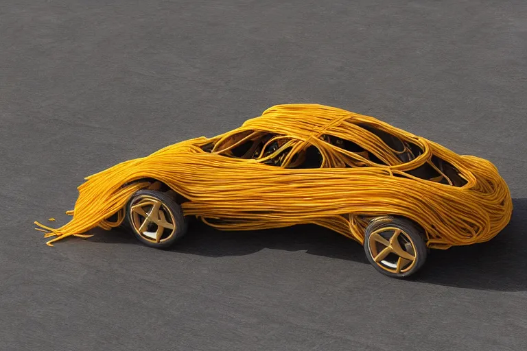 Image similar to car made of spaghetti, concept art, HD luxury render, 4k, train tracks